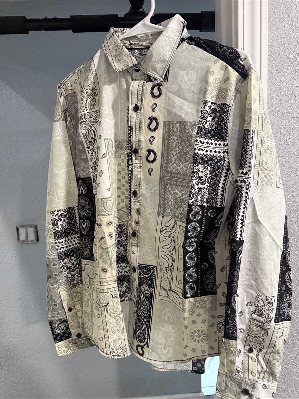 Fashion Nova Black & White Patchwork Bandana Button-Down Shirt
